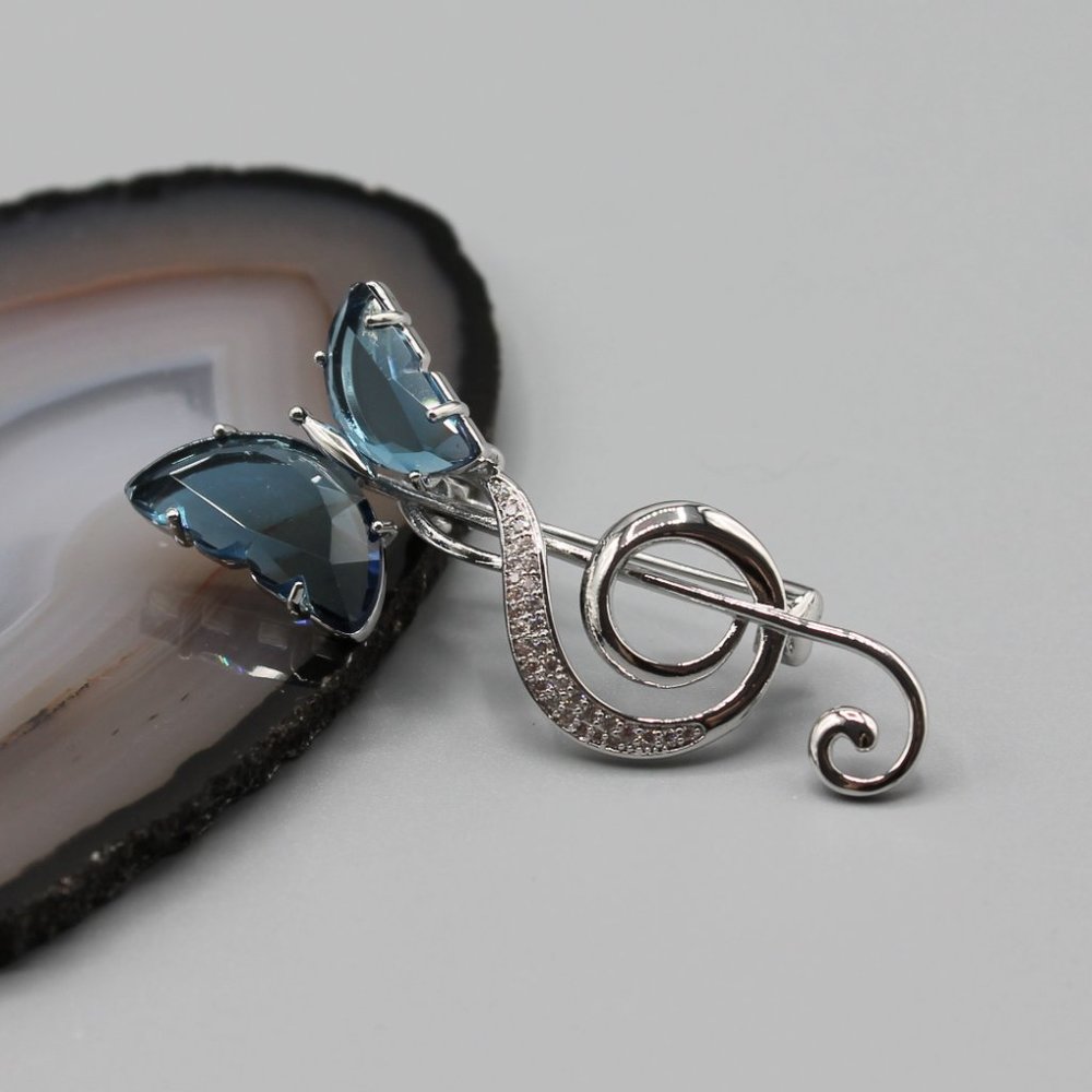 Jewelry pin brooch butterfly music note silver blue crystals elegant beautiful - Picture 3 of 10